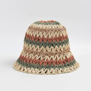 Wholesale Daily Travel Beach Rainbow Striped Hand-hooked Paper Straw Summer Fashion Sunshade Sun Hand Knitted Bucket <b>Hat</b> - Product Image 2