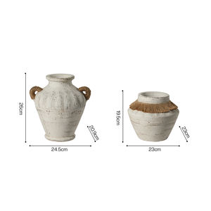 테라코타 도자기 화병, 넓은 입구 와비사비 핸드메이드 친환경 웨딩 홈 데코 탁상용 꽃병, 짚 로프 손잡이 - Product Image 6