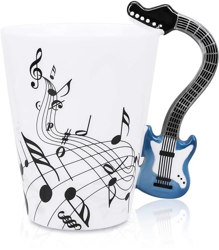 Tasse à café en céramique, manche de notes de musique peintes à la main, tasse de guitare cadeau pour banque