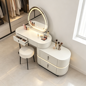 Moderno Set de Tocador de Cuero Sintético Blanco con Espejo LED y Cajón de Almacenamiento para Dormitorio - Product Image 3