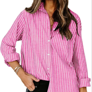 Camicie da donna primavera 2025 con bottoni <span class=keywords><strong>blu</strong></span> rosa camicia <span class=keywords><strong>a</strong></span> <span class=keywords><strong>righe</strong></span> nere con stampa <span class=keywords><strong>a</strong></span> maniche lunghe camicette da lavoro da ufficio con colletto - Product Image 1