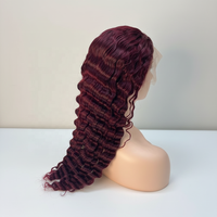 Perruque frontale en dentelle HD 99J rouge, cheveux indiens bruts, densité 210%, brun foncé humain, vierge, cuticules alignées, longue, sans colle, boucles profondes