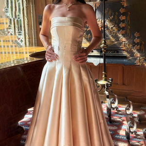 स्ट्रैपलेस सैटिन सोने की बेडेड बॉडी बॉडी बॉडी फ्लेयर्ड फ्लोर लंबाई सुरुचिपूर्ण औपचारिक महिला शाम की गेंद पोशाक - Product Image 5