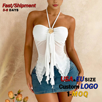 Atasan Pendek Tipis Anti-Bakteri Warna Solid Berbahan Polyester Spandex dengan Hiasan Logam dan Bordir Model Halter-Neck Musim Panas 2026