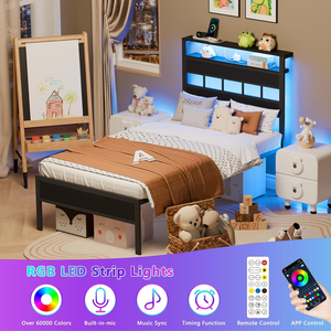 Cadres de <span class=keywords><strong>lit</strong></span> modernes <span class=keywords><strong>avec</strong></span> station de charge, lumières LED, sommier à plateforme, lattes métalliques, tête de <span class=keywords><strong>lit</strong></span> en bois, <span class=keywords><strong>étagère</strong></span>s de rangement à 2 niveaux, réglables - Product Image 5