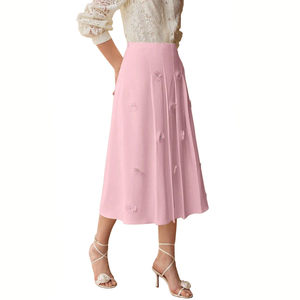 Falda Midi Plisada con Apliques Florales 3D en Rosa Pálido, Cintura Alta, Corte en A, Tela de Chifón, Elegante, para Invitadas de Boda, Fiestas, Uso Casual - Product Image 1