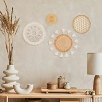 Décoration murale en panier bohème - Panier tissé plat à suspendre au mur, décor mural en macramé rond avec glands blancs