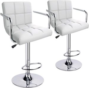 Juego de 2 <span class=keywords><strong>Taburetes</strong></span> de Bar de Cuero Blanco, Modernos, Ajustables, de Cuero Blanco Completo <span class=keywords><strong>para</strong></span> <span class=keywords><strong>Cocina</strong></span>, con Reposabrazos y Respaldo - Product Image 1