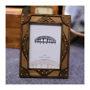 Custom Vintage Design Industrial Look Wood Metallic Rivets Border Picture Frames | Metal Accented Wooden Inlay Frame Photo