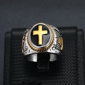 Men's <b>Cross</b> <b>Ring</b> Titanium Steel Two-Tone Gold Plated Geometric Design Hip Hop Jewelry Gift - Product Image 1
