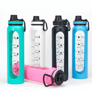High Borosilicate Glass Water Bottle With Bamboo Lid Graduations Carrying Strap Silicone Sleeve Portable Travel Use - Product Image 2
