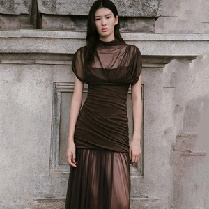 European American Style Pleated Long Dress High Neck Translucent Bodycon Evening Dress For Women - Product Image 2