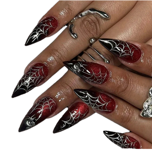 <span class=keywords><strong>Uñas</strong></span> Postizas Francesas con Diseño de Telaraña y Gotas de Sangre Oscura para Halloween, 24 Piezas - Product Image 1