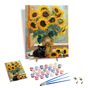 Kit Pittura Fai da Te con Numeri: Design <span class=keywords><strong>Girasole</strong></span>, Vaso e Gattino - Opera d'Arte Artigianale di Alta Qualità, Perfetta per Decorazioni Murali e Arredamento Casa - Product Image 1
