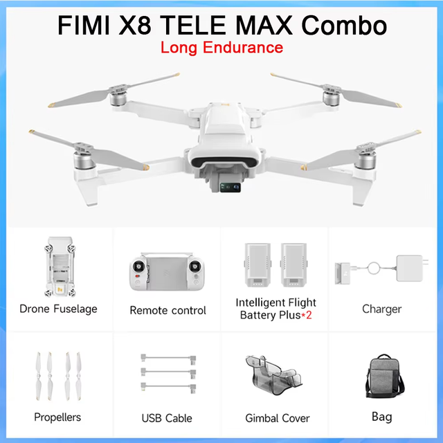 FIMI X8 Tele MAX GPS 3-Axis Gimbal Drone with 4K Camera 2 Batteries 47 Mins Flight Time Remote Control Plastic Beginner-Friendly