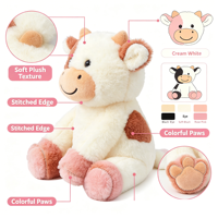 Peluche de vache mignonne et kawaii avec visage brodé, tissu ultra doux, poupée mascotte en peluche pour cadeau d'anniversaire, vente en gros