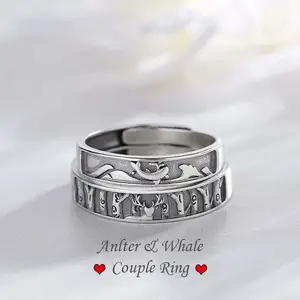 泰国银鲸鹿夫妇戒指925纯银戒指礼物男士结婚订婚戒指