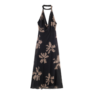 Vestidos Largos Casuales de Verano para Mujer, Negros, Tejidos Naturales, con Estampado Floral, Transpirables, con Espalda Descubierta, Tipo Halter - Product Image 1