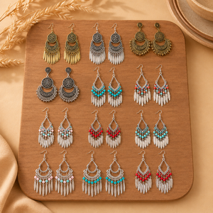 6 pares de pendientes colgantes DouVei vintage bohemios con borlas y cuentas, de aleación de zinc, con dijes de hilo de algodón, para mujer, hechos a mano, para aniversario - Product Image 1