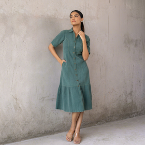 EMERALD COTTON DENIM MAXI <b>DRESS</b> Green Cotton Shirt Midi <b>Dress</b> With <b>Ruffle</b> Hem Turn-down Collar Short Sleeve Casual Daily Wear - Product Image 1