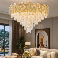 Lustre rectangulaire de luxe à plafond haut, finition or brossé, avec cristaux K9 de luxe
