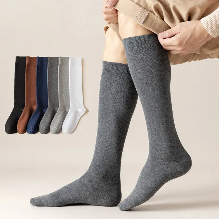 Mens calf socks pure cotton autumn and winter thickened warm stockings solid color high cotton socks