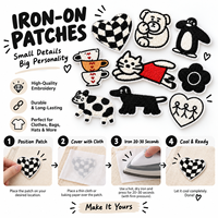 Patch Bordir Hewan Minimalis Hitam Putih, Ikon Sketsa, Dapat Disetrika atau Dijahit, Grosir
