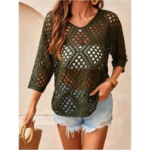 Women's Crochet <b>Top</b> 3/4 Sleeve V-neck Hollow Out Knitted Loose Batwing Sleeve Summer Cover Up Beach Vacation Outfit - Product Image 4