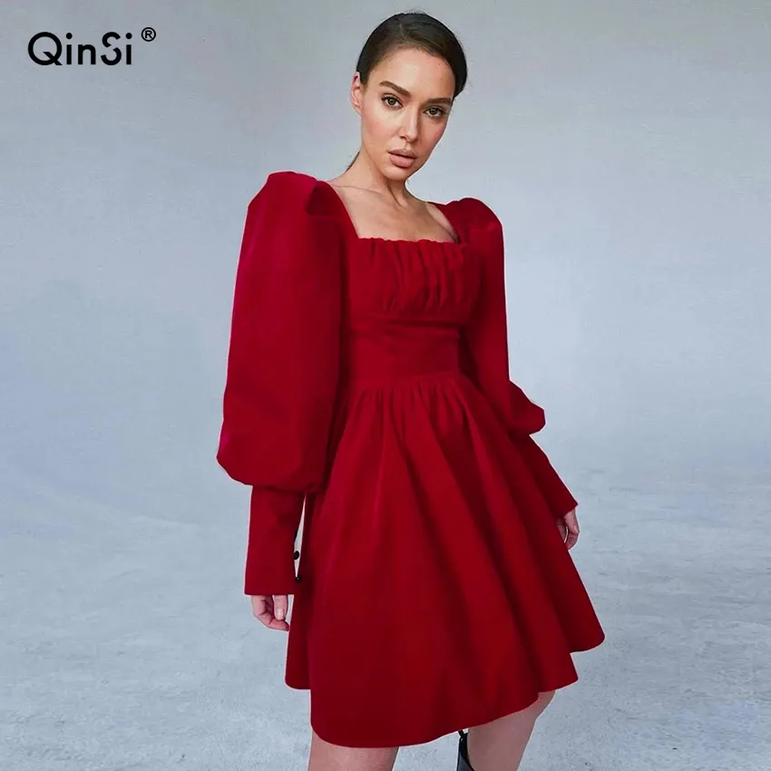 QINSI Autumn Evening Club Mini Dress Velvet High Waist Fit And Flare Dress Red Lantern Sleeves Women Christmas Party Dress