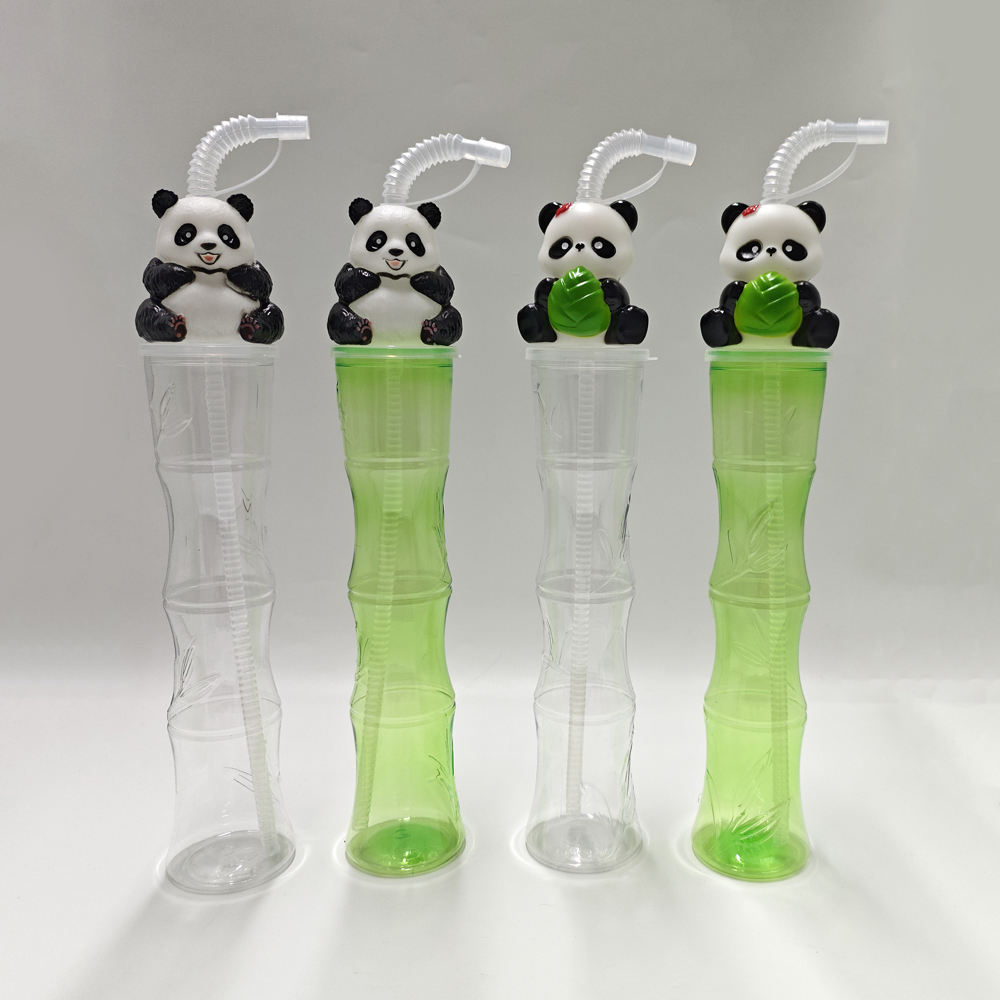 Kids Water Bottles 16oz BPA-Free Plastic Drinking Bottle with Cute Panda Lid Straw Cartoon Bamboo Design Cup for Children