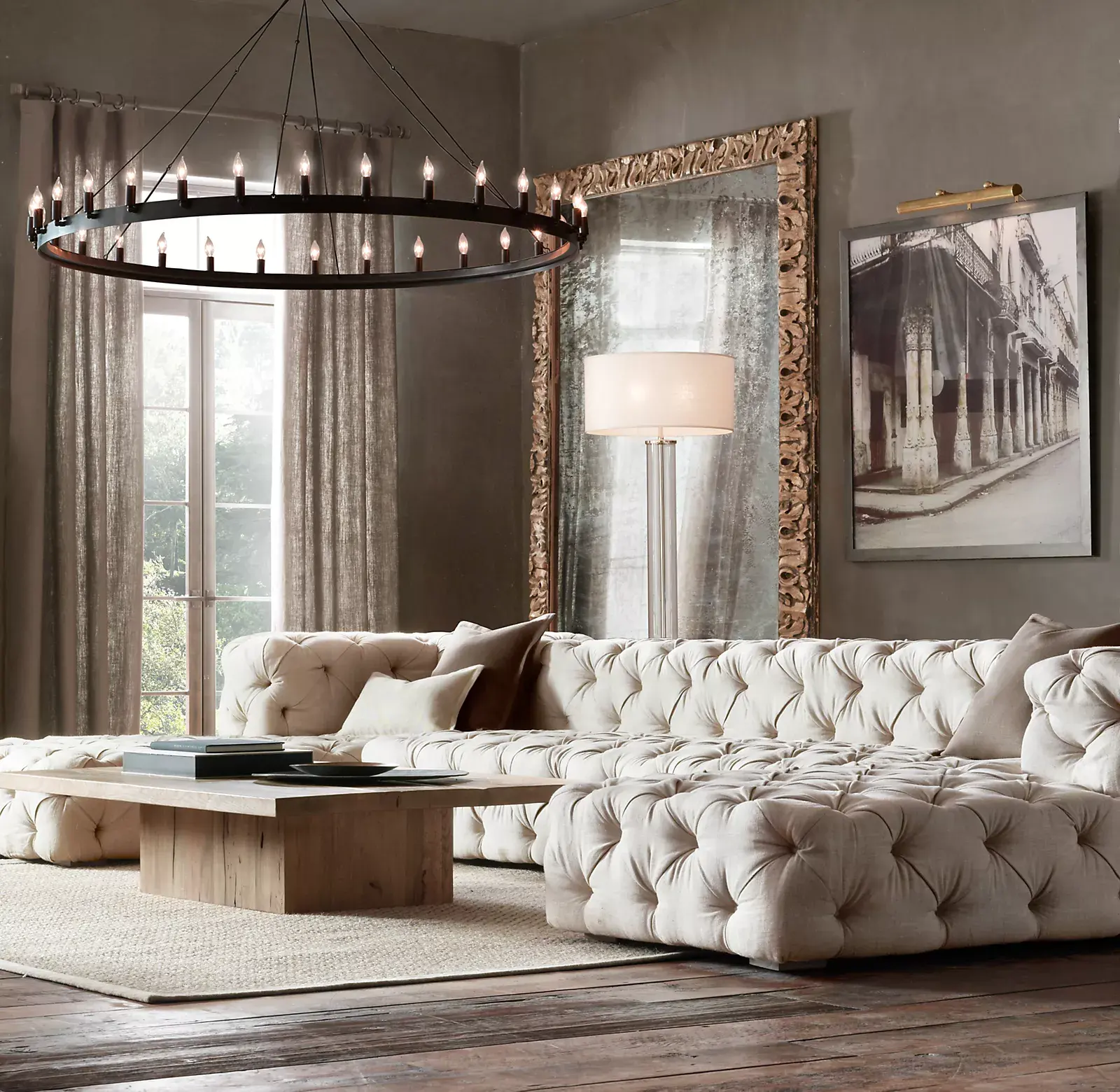 Conjunto de sofá de luxo com botão-tufting, conjunto de tecido ottoman de combinação para sala de estar e mobiliário