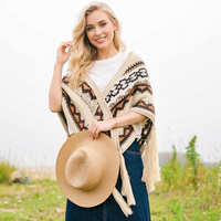 Poncho à capuche ethnique bohème pour femme et châle triangulaire en tricot, écharpe cape rétro en fausse laine à franges pour l'automne, l'hiver, les voyages et les activités de plein air