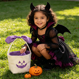 Panier à bonbons portable pour enfants, personnalisable, pour la fête d'Halloween, avec nœud et motif gingham, pour les tout-petits - Product Image 2