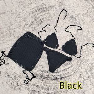 Conjunto de Bikini de 3 Piezas Tejido a Mano con Cintura Alta, Top Camisero Hueco, Minifalda y Decoración de Cristales para Mujer - Product Image 2