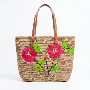 Eco-friendly Luxury Handmade Geometric Embroidered <b>Raffia</b> Tote <b>Bag</b> Two Handles Open Closure for Beach Travel - Product Image 2