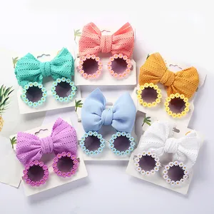 Toptan yeni çocuklar yaz güneş gözlüğü çiçek gözlük Headbands seti ile çocuk papatya çiçek gözlük naylon bantlar yaylar hediyeler