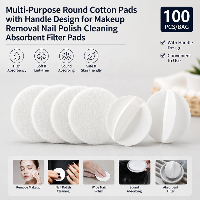 Multi-Purpose Round Cotton Pads with Handle Design for Makeup Removal Nail Polish Cleaning Absorbent Filter Pads Makeup Remover