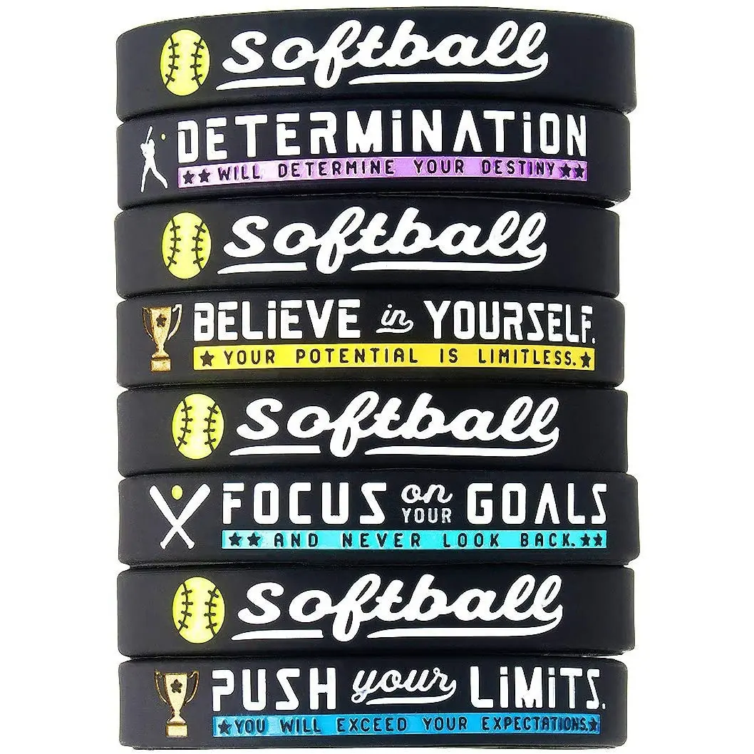 (12-Pack) Softball Bracelets with Motivational Sports Quotes - Wholesale Silicone Rubber Wristbands for Bulk Softball Team Gifts