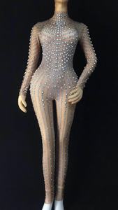 Combinaison femme Mono Mujer noire nude perlée, combinaison de <span class=keywords><strong>danseuse</strong></span>, body une pièce, tenue de soirée, club de nuit, justaucorps, combinaison à strass pour femmes - Product Image 4