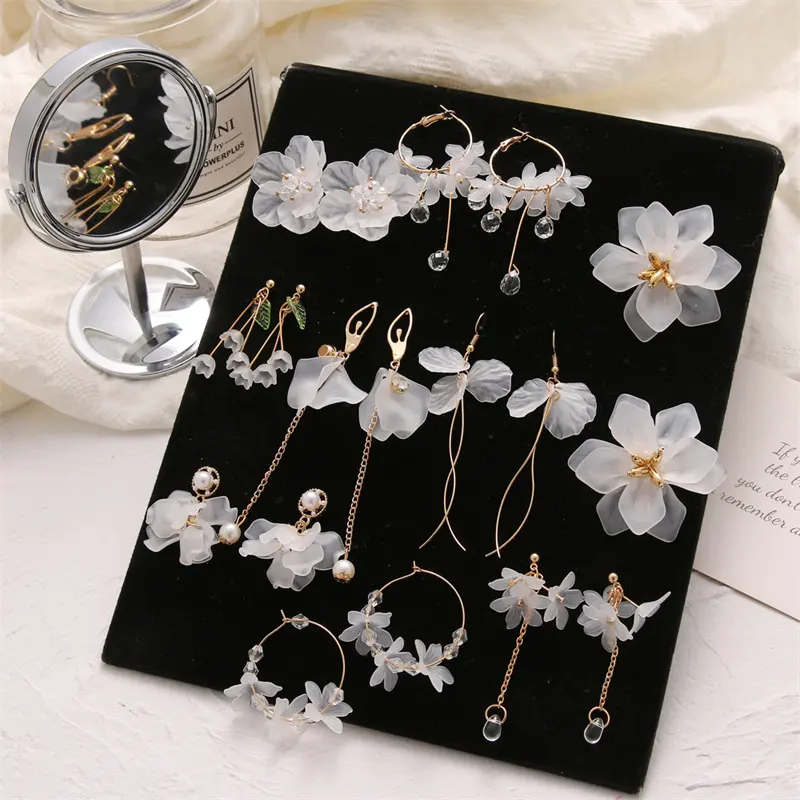 VKME Trendy Acrylic Crystal Flower Hoop Earrings Set For Women Wedding Gift Long Pendant Drops Earring Jewelry