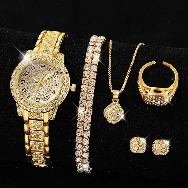 Full Diamond Roman Numerals Stainless Steel Strap Women's Watch Jewelry Set Single Folding Buckle Elegant Business Quartz Watch