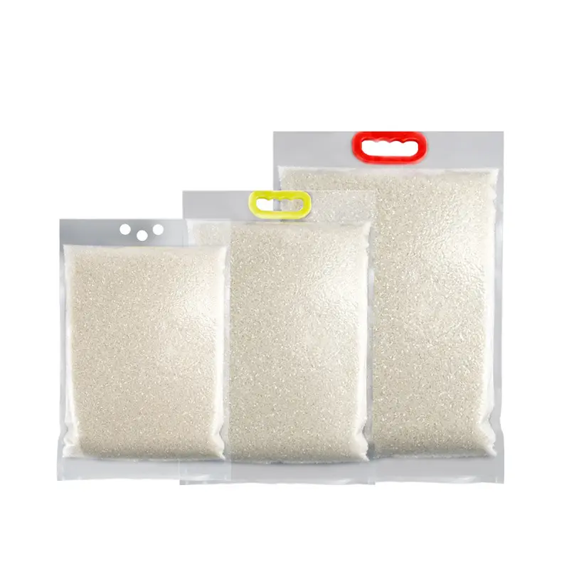 Özelleştirilmiş 2.5kg/5kg/10kg pirinç ambalaj poşetleri plastik saplı taşınabilir gıda sınıfı kalın naylon PE