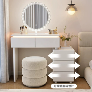Minimalist Cloud Style Makeup Vanity Combo, LED Edge Lighting Sintered Stone <strong>Top</strong> Dressing <strong>Desk</strong> Round Frilly Mirror 3 Tier <strong>Drawer</strong> - Product Image 4