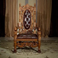 Chaise de bureau en cuir à dossier haut de style classique européen avec sculpture à la main en bois de teck brun, chaise de loisirs pour villa, hôtel, salon