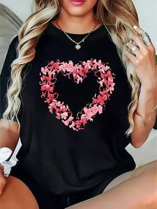 T-Shirt da Donna con Stampa Geometrica a Cuore, Manica Corta, Collo Tondo, Top Casual in Morbido Tessuto Nero, Lavabile in Lavatrice, Primavera Estate Autunno - Product Image 3