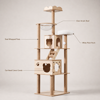 Arbre à chat stable en bois tout-en-un avec capsule spatiale, griffoir et accessoires de jeu pour animaux de compagnie