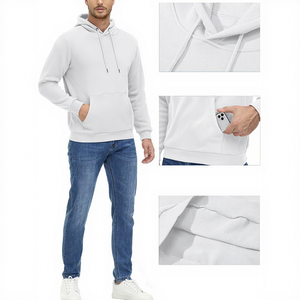 <b>Men</b> Hooded Regular Fit Cotton <b>Fleece</b> Casual Autumn Wear Long Sleeve Pocket Design Knitted Solid <b>White</b> - Product Image 3