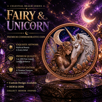 Pièce de monnaie commémorative en cuivre fin .999 de 1 oz, motif Fée et Licorne, Lune Crescent, Nuit Étoilée, Elfe Ailé, pièce souvenir, cadeau de présentation
