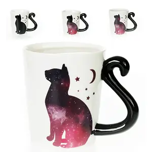 Grosir Mug Kopi Kucing Hitam Keramik 3D dengan Gagang Ekor Kucing 12 Oz Cangkir Kopi Berubah Warna Hadiah Unik Mug Bertema Kucing