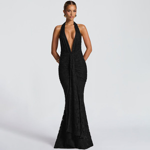 Evening Dress Women Deep V-Neck Halter Lace <b>Up</b> Pleated Long Formal Gown Natural Waistline <b>Open</b> Back Design - Product Image 3